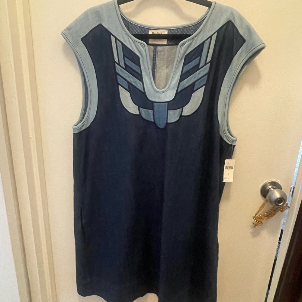 Anthropologie - Blue Sleeveless Dress with Geometric Design- L